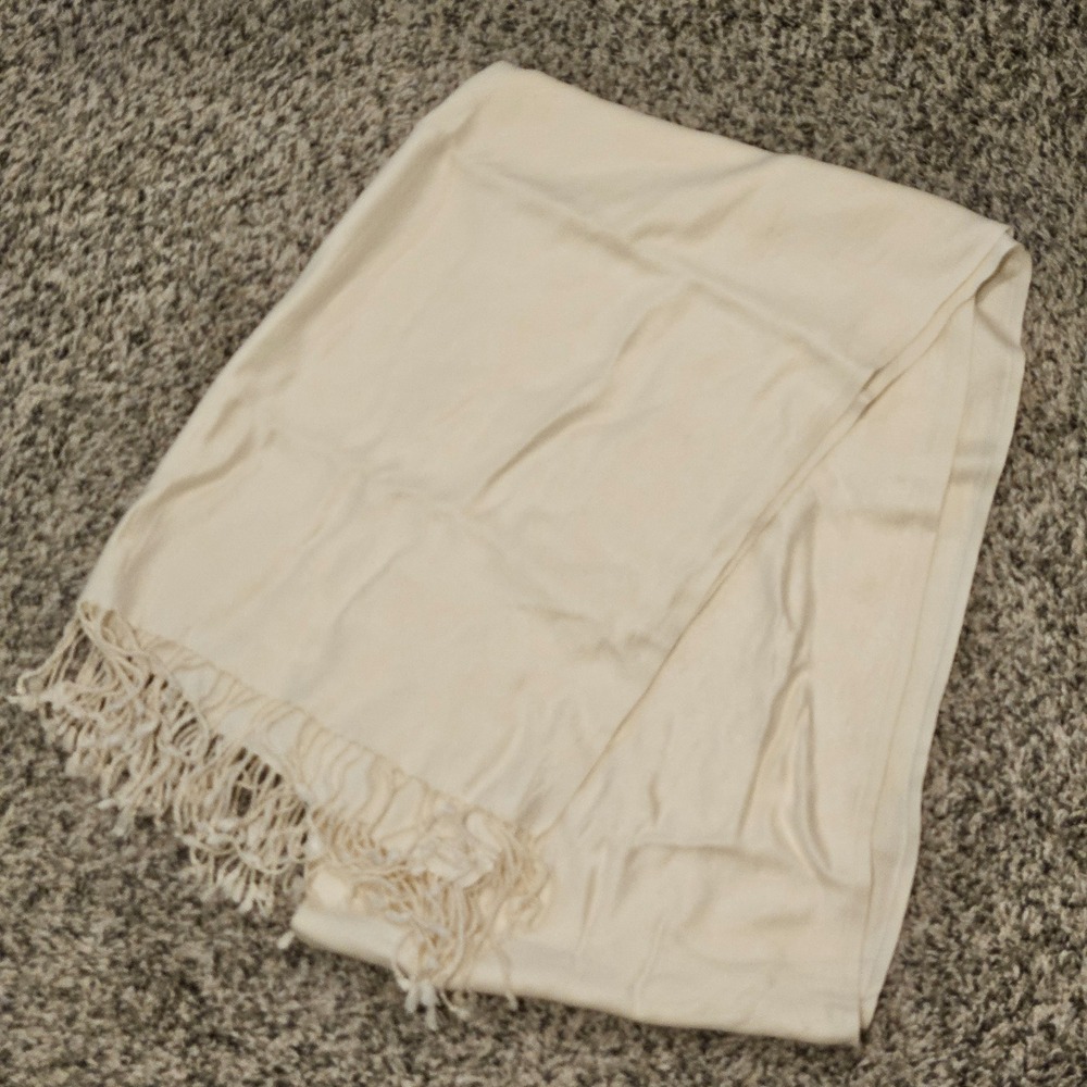 Pashmina Scarf Cream Ivory Shawl Wrap Fringe Trim Elegant Quite Luxury Timeless